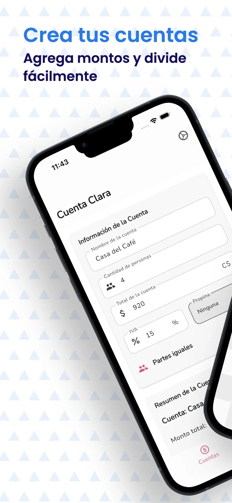 Pantalla para crear una cuenta nueva donde puedes agregar montos y dividir gastos