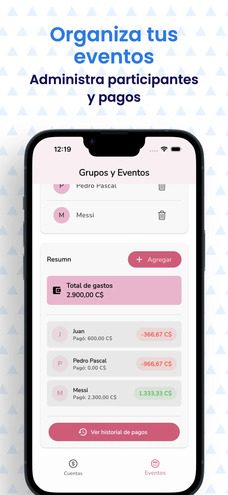 Pantalla con información detallada de un grupo mostrando participantes y gastos