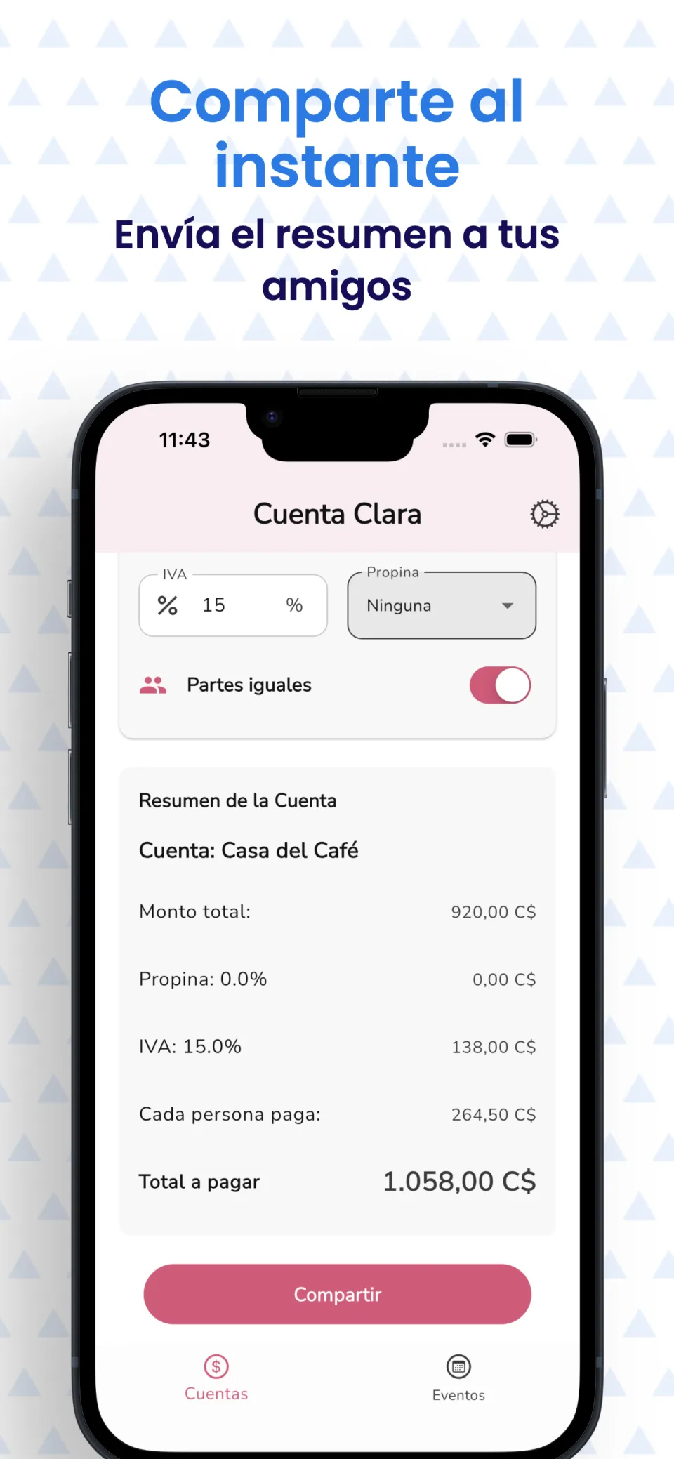 Pantalla para compartir cuenta generando un ticket con código