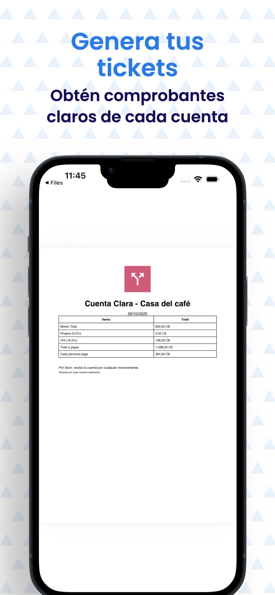 PDF generado con los detalles de la cuenta dividida y distribución de gastos
